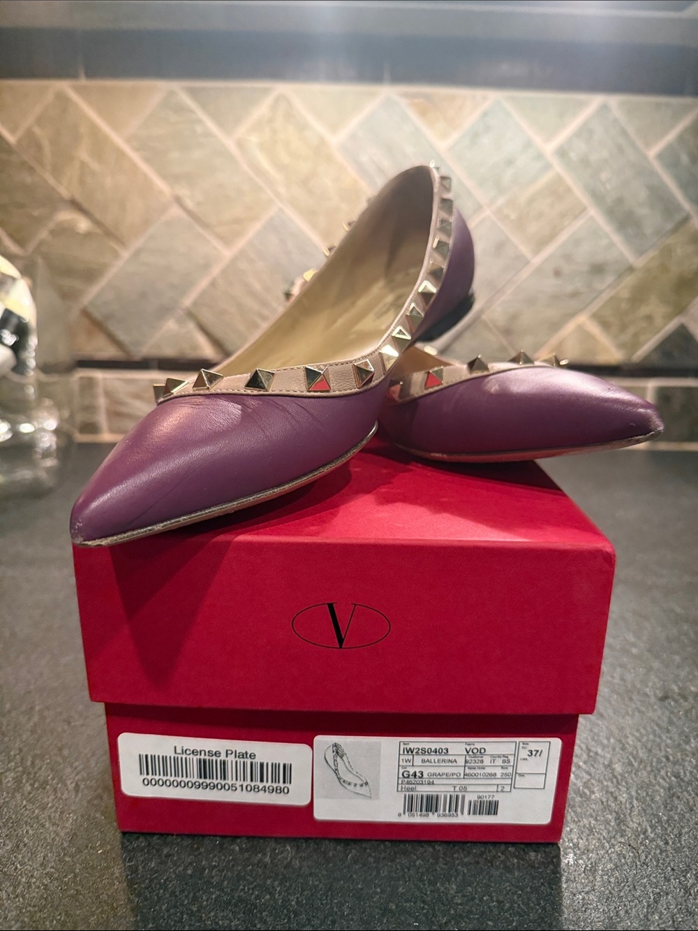 Valentino Purple Leather Rockstud Pointed Ballet Flats
